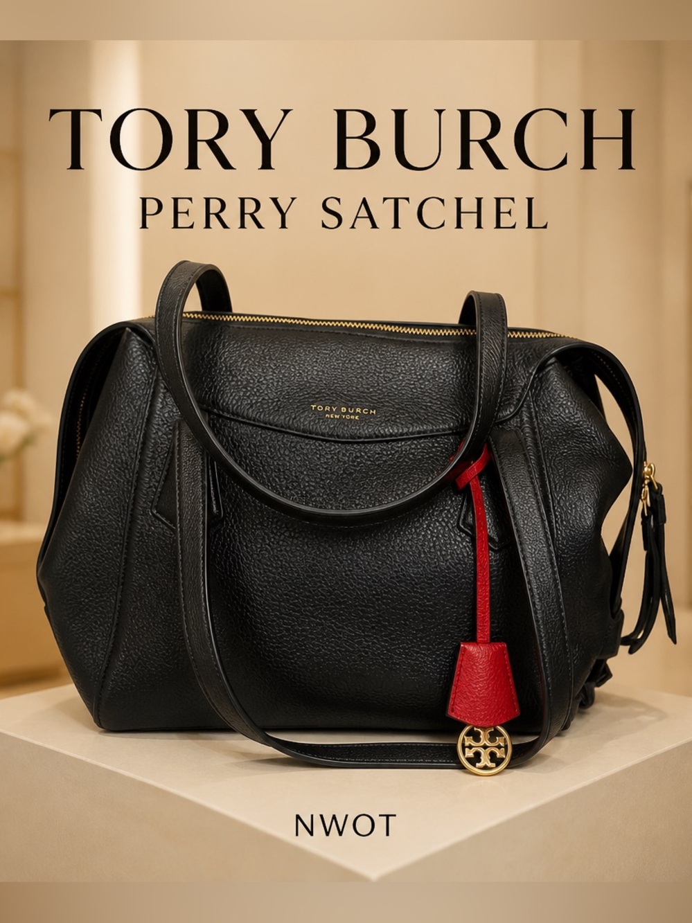 NWOT Tory Burch Perry Black Leather large satchel shoulder bag red signature